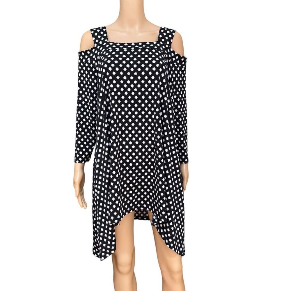 Chico's Womens Cold Shoulder Tunic Top Polka Dot 3/4 Sleeve sharkbite M NWT